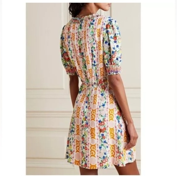 Saloni Lea Smocked Floral Print Crepe Mini Dress Sz. 2 White Orange Pink V Neck - Picture 2 of 16